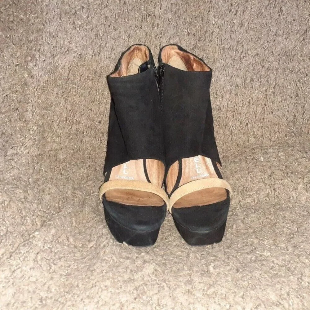 JEFFREY CAMPBELL-Black Suede/Tan Strap-Curved Stiletto-Open Toe Bootie-Zip-Sz 37 - Picture 3 of 7